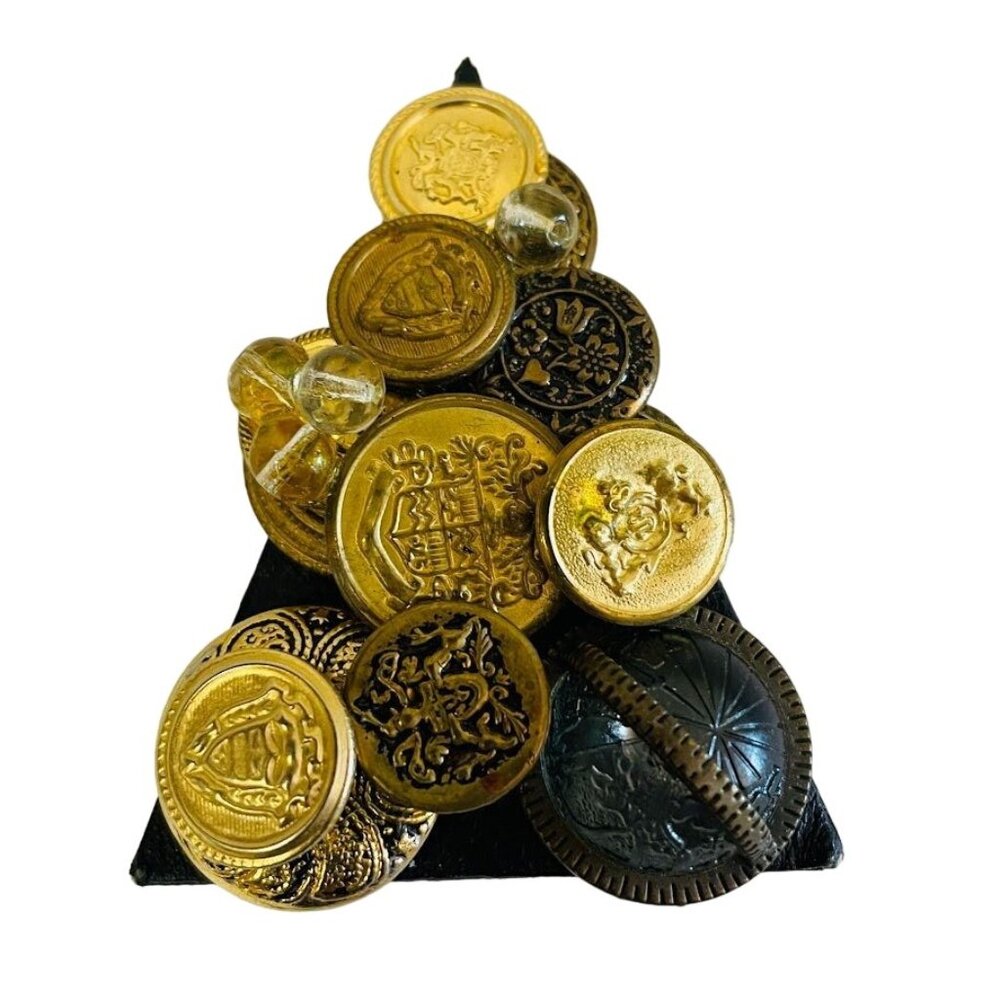 Vintage Elegant Button Brooch Black Triangle Design with Assorted Gold Button Ac